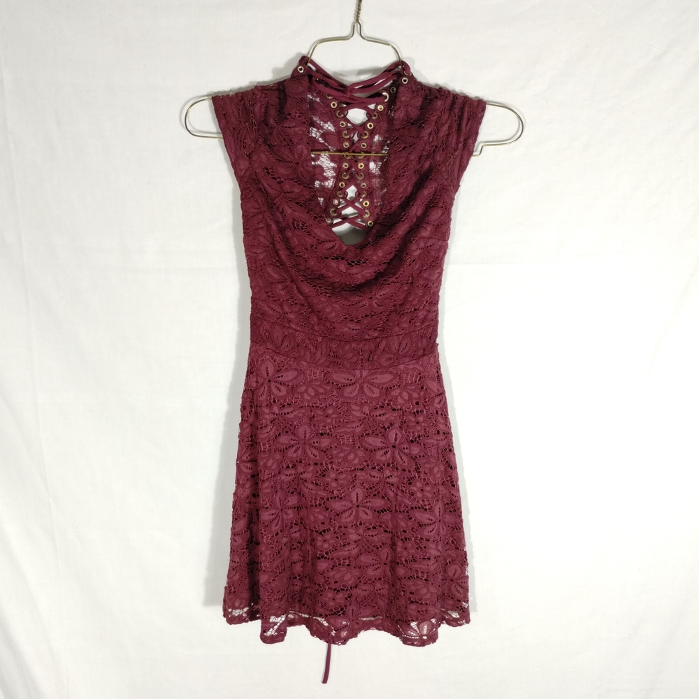 🔥VTG🔥B Darlin Wine Lace Backless Stretchy Midi Dress Jr 3/4 XS Gothic Witchy